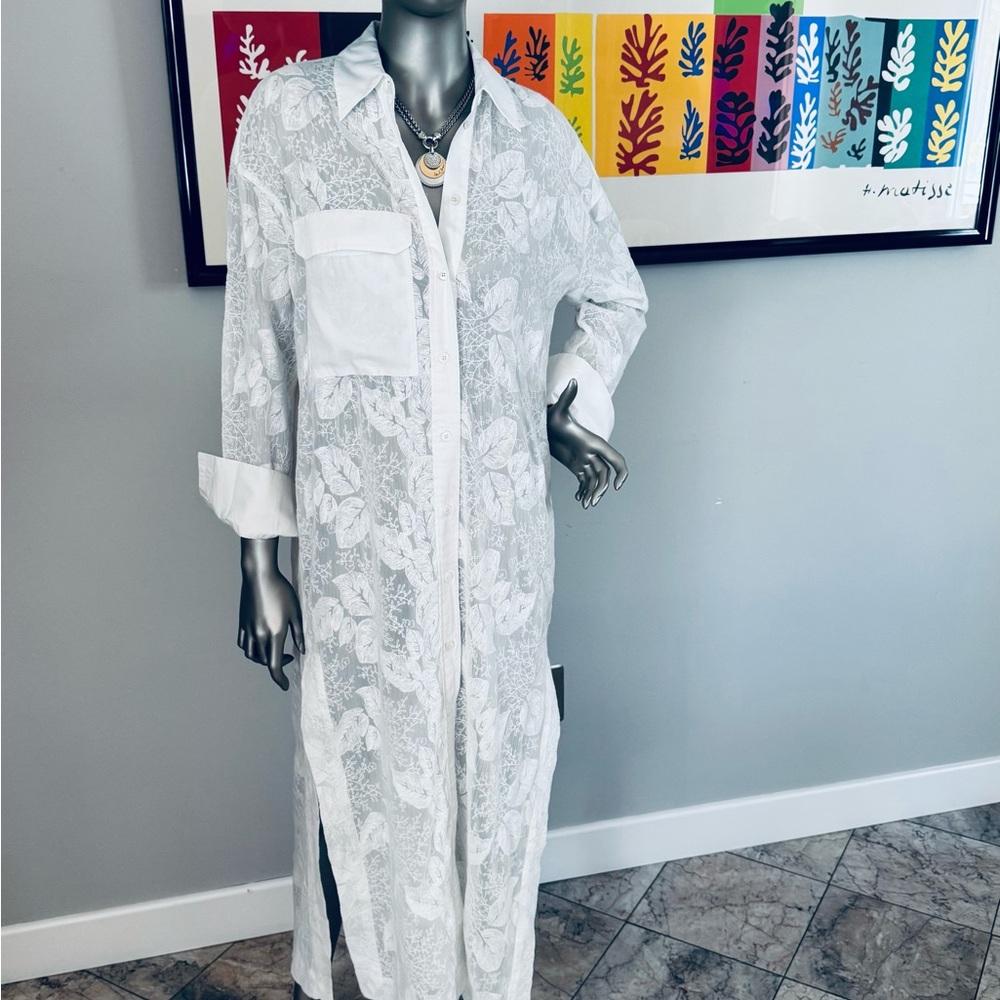 Zara - White Sheer Floral Button-Up Dress/Duster - Sheer Unique Design - Picture 4 of 15